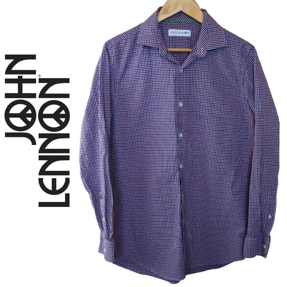John Lennon Blue and Red Checkered Button Down Long Sleeve Shirt - Picture 1 of 10
